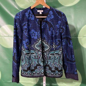 COLDWATER CREEK Women's open front blazer in MULTI BLUES ABSTRACT sz 8 - VGUC